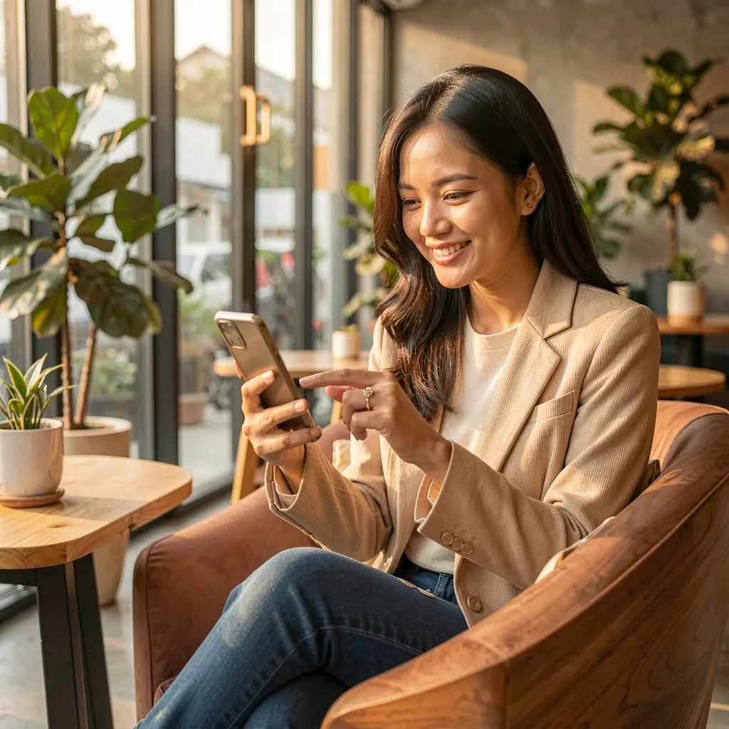 Young Filipino woman relaxing in a modern cafe while using the YYYYPH casino app on her smartphone with a confident and happy smile