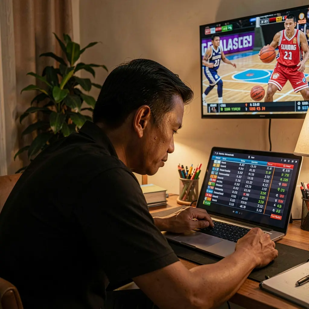 Confident Filipino bettor placing live basketball wagers on a laptop with YYYYPH while watching game highlights on TV at home