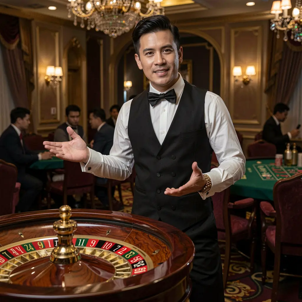 Professional live roulette dealer in a black vest and bow tie standing by the wheel in a luxury casino studio representing the authentic live casino environment of YYYYPH in the Philippines