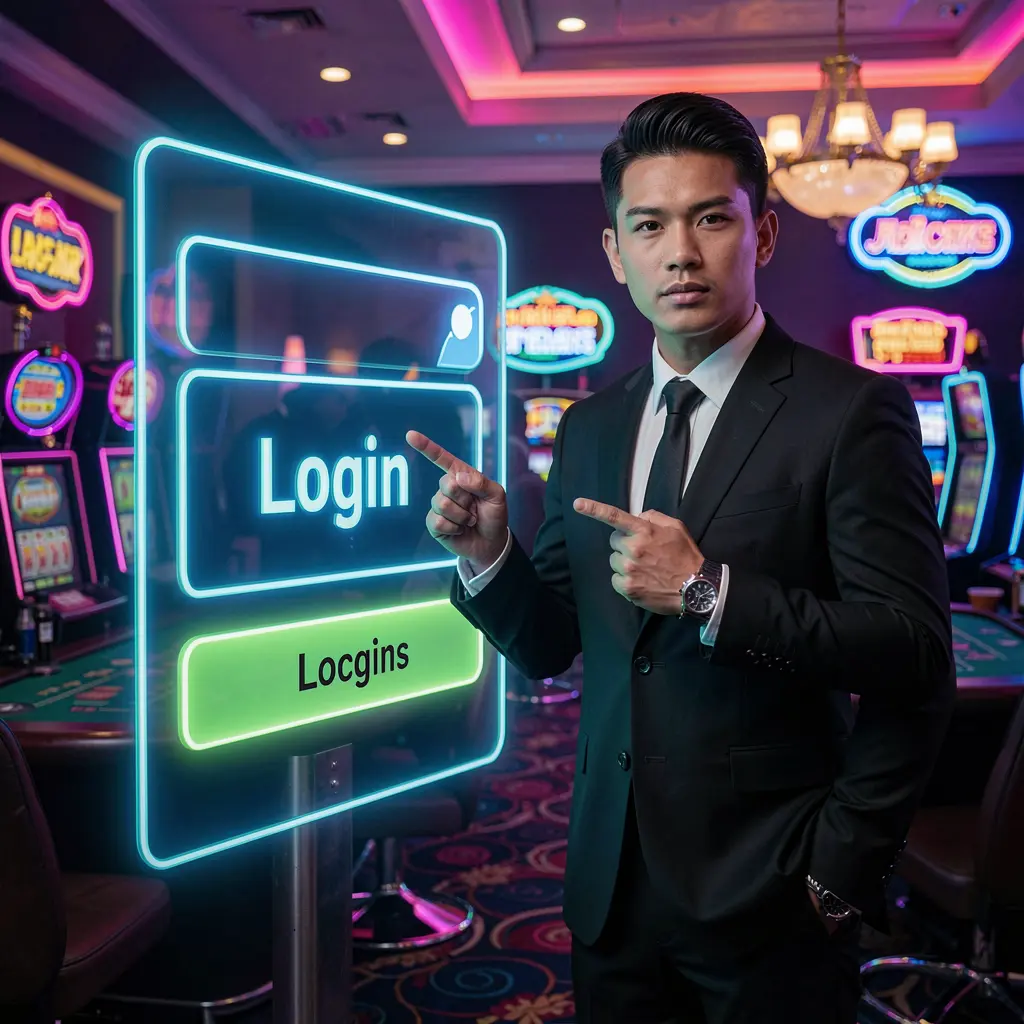 Confident YYYYPH casino ambassador pointing at a bright login panel inside a modern online casino interface for players in the Philippines